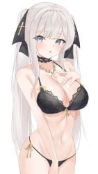 black_hair_ribbon blue_eyes blush chestnut_mouth cross_necklace hair_ribbon hand_on_breast large_breasts lingerie long_hair looking_at_viewer petite small_waist twintails very_long_hair white_hair