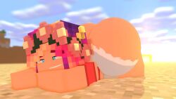 3d 3d_animation ass ass_growth beach blue_eyes cuteskyler flower flowers flowers_in_hair growth jean_shorts laying_down looking_at_viewer minecraft short_shorts shorts skyler_quinn sunset tagme video