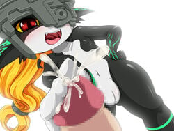 1boy 1girls amau_(artist) blonde_hair censored cum feet female footjob highres imp imp_midna male midna nude pussy red_eyes straight the_legend_of_zelda twilight_princess white_background