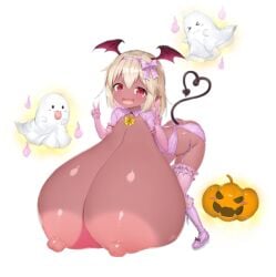 :3 :p alpha_channel areolae bat_wings blonde_hair blush boots bouquet breast_focus breasts breasts_bigger_than_body candy_cane chibi collar cute cute_face cute_fang cute_fangs dark-skinned_female demon_girl demon_tail evil_eyes evil_face fangs ghost ghost_sheet gigantic_areola gigantic_breasts hair_ornament hairband hand_gesture head_wings heavy_breasts hyper hyper_breasts immobilizing_anatomy lace-up_boots lady_luluna long_boots long_tail midnight_girls_r nipples official_art open_mouth petite petite_body petite_female pink_clothing png prehensile_tail pumpkin rosy_cheeks small_but_busty small_wings spade_tail sticking_out_tongue succubus succubus_tail tail tareme transparent_background v_sign yellow_eyes