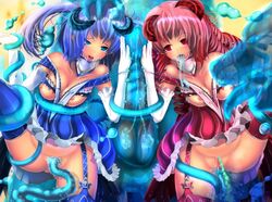 2girls aomidori blush breasts captured defeated female_on_feral feral feral_on_female feral_on_humanoid feral_penetrating humanoid humanoid_on_feral humanoid_penetrated interspecies large_breasts monster multiple_girls nipples rape slime slime_monster tentacle zoophilia