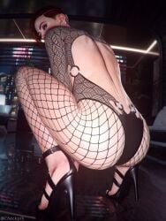 1girl 1girls 2024 3d ass ass_focus aurore_cassel checkpik cyberpunk_2077 earrings fishnet fishnets high_heels looking_at_viewer open_back red_hair short_hair solo solo_female squatting yellow_eyes