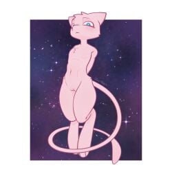 1:1 anthro athletic athletic_anthro athletic_female blue_eyes blush blush_lines cheek_tuft chest_tuft digital_media_(artwork) facial_tuft feet felid feline female floating front_view fur generation_1_pokemon genitals hair hands_behind_back hi_res hip_tuft legendary_pokemon long_tail looking_at_viewer looking_down mammal mew_(pokemon) mouth_closed navel nintendo nude paws pink_body pink_fur pink_hair pokemon pokemon_(species) pussy simple_background solo space starpeeen tail thick_thighs thin_tail toes tuft white_sclera