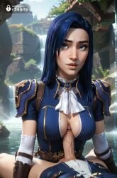 1boy 1boy1girl 1girls ai_generated arcane arcane_caitlyn armor artist_name ascot blue_eyes blue_hair blurry breasts caitlyn_(league_of_legends) caitlyn_kiramman elbow_gloves erection gloves hi_res large_breasts league_of_legends long_hair netflix nose outdoors paizuri paizuri_under_clothes parted_lips penis r34arts riot_games shoulder_armor solo_focus straight uncensored veins veiny_penis water white_ascot