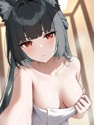 1girls ai_generated anthro bathroom black_hair blush breasts fox fox_ears fox_girl hoshimi_miyabi light-skinned_female light_skin long_hair looking_at_viewer red_eyes selfie solo towel towel_only wet zenless_zone_zero