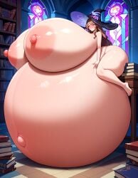 ai_generated belly_bigger_than_body full-face_blush gigantic_belly gigantic_breasts half-closed_eyes honkai:_star_rail hyper_belly hyper_breasts hyper_pregnancy laboratory library nail_polish stable_diffusion stained_glass the_herta_(honkai:_star_rail) thick_thighs toenail_polish wide_hips worried