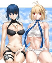 2girls ahoge arcueid_brunestud bare_shoulders big_breasts bikini black_bikini black_swimsuit blonde_hair blue_eyes blue_hair blue_notuki blue_ribbon blush c.i.e.l_(fate) ciel_(tsukihime) cleavage cross_necklace enormous_breasts fate/grand_order fate_(series) flower flustered hair_ornament hand_on_thigh huge_breasts large_breasts looking_at_viewer red_eyes ribbon seductive short_hair shy sitting smile sweatdrop swimsuit thick_thighs thighs tsukihime type-moon white_bikini