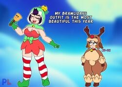 1boy 1girls 2girls ass_focus backboob bare_shoulders big_ass big_breasts big_butt black_hair bonnie_(brawl_stars) brawl_stars bubble_ass cap chichi's_armor child_bearing_hips choker christmas christmas_outfit clothed clothing cosplay curvy_figure dialogue english_text female gloves helmet hyper_ass janet_(brawl_stars) jolly_janet_(brawl_stars) light-skinned_female light_skin lying_on_stomach missing_tooth pldrawings reindeer_bonnie_(brawl_stars) running sex_gesture shortstack slut_collar smile smiling_at_viewer suggestive thick thick_thighs thunder_thighs voluptuous white_hair wide_hips