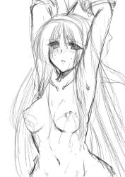 1girls akenami_yasutaka armpits arms_above_head arms_up big_breasts blush bondage bound busty female female_only gloves hair_ribbon highres king_of_fighters lactation long_hair looking_at_viewer monochrome nakoruru navel nipples nude parted_lips ribbon samurai_shodown sketch snk solo sweat tied_up very_long_hair voluptuous