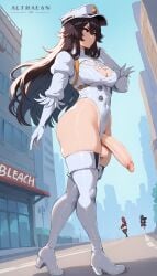 1futa ai_generated althaean bambietta_basterbine bleach bleach:_the_thousand-year_blood_war cleavage cleavage_cutout confident dickgirl_only futa_only futanari hand_in_hair highres large_balls large_breasts large_penis military_hat nier:_automata precum precum_drip thick_thighs thigh_boots thigh_squish walking yorha_2b_(cosplay) yorha_2p_(cosplay)