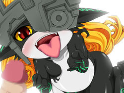 1boy 1girls amau_(artist) censored disembodied_penis duo erection female helmet highres imminent_fellatio imminent_oral imp imp_midna looking_at_penis male midna mosaic_censoring open_mouth penis princess red_eyes the_legend_of_zelda tongue tongue_out twili twilight_princess white_background yellow_sclera