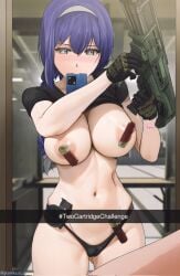 1girl 1girls ammunition anime_style belly_button big_boobs big_breasts boobs boobs_out braided_hair braided_ponytail bullet bullets captions covered_breasts covered_nipples covering_breasts dp-12_(girls'_frontline) drool drooling female_pov firing_range girls'_frontline gkamikaze_d gloves gray_eyes grenade gun gun_range holding holding_weapon mirror mirror_reflection mirror_selfie multicolored_eyes nipples panties phone pov purple purple_eyes purple_hair pussy saliva shirt_lift shotgun shotgun_shell shotgun_shells spit standing sweat sweating teasing teasing_nipple teasing_viewer thick_thighs underwear vagina