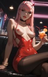 1girls ai_generated alcoholic_drink bracelets breasts collar darling_in_the_franxx dress_down earrings female_only green_eyes_female holding_glass horn_headband long_hair_female looking_at_viewer navel nes-ai-extravaganza nipples pink_hair_female sitting solo_female zero_two_(darling_in_the_franxx)