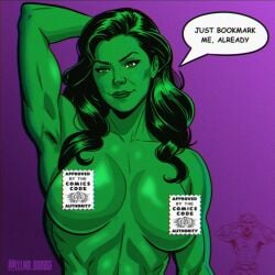 1girls 4th_wall_breaking big_breasts breasts comedic_censorship daredevil dialogue ellmo_draws female female_only green_eyes green_hair green_skin huge_breasts marvel matt_murdock muscular muscular_female she-hulk solo solo_female text topless