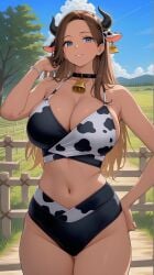 1girls ai_generated blue_eyes brown_hair cleavage cow_bell cow_ears cow_horns cow_print_bikini farm female hi_res highres large_breasts long_hair milf original_character outdoors pixai smile solo