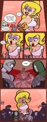 2d 2d_(artwork) blonde_hair cartoon_network dialogue eris_(billy_and_mandy) goddess goddess_of_chaos kiss_mark kissing knight lips lipstick lipstick_mark mk210 red_lips red_lipstick saliva shocked_expression size_difference smiling spit spitting surrounded surrounded_by_women the_grim_adventures_of_billy_and_mandy wizard wizard_hat