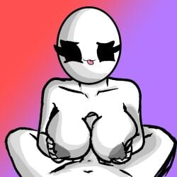 bald bald_female belly_button black_eyes boobjob breasts breasts_pressed_against_partner chetoh claire_(chetoh) egg eggmale erect_penis female grey_nipples holding_breasts legs_spread male_pov naked naked_female nipples oc original original_character original_characters paizuri paizuri_lead_by_female penis request strawpage_request tongue tongue_out white_body winking winking_at_another