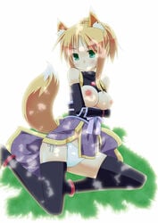 1girls animal_ear artist_request black_legwear blonde_hair blush breasts character_request clothing dog_days female fox_ear fox_tail green_eyes hujikok large_breasts nipples panties short_hair smile solo tail thighhighs underwear white_panties yukikaze_panettone