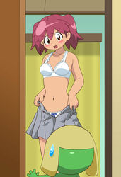 accidental_exposure angry artist_request blush bra clothing embarrassed female hinata_natsumi indoors keroro keroro_gunsou magenta_hair natsumi_hinata open_clothes panties pink_hair red_eyes school_uniform schoolgirl shirtless skirt solo standing surprised underwear undressed undressing uniform unzipped white_bra white_panties