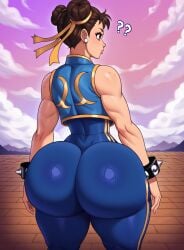 1girls ass_focus back_turned big_ass big_butt bracelet brown_eyes brown_hair bubble_butt chun-li chun-li_(fortnite) creamyycakes freckles hair_bun hair_buns more_at_source outside skin_tight solo solo_female spiked_bracelet standing street_fighter street_fighter_v thick_ass toned_arms toned_female