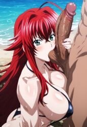 ai_generated balls beach color colored dark-skinned_male dark_skin high_school high_school_dxd huge_breasts huge_cock light-skinned_female long_hair looking_at_viewer penis penis_grab primer_ai red_hair rias_gremory skinny slingshot_swimsuit sweating testicle_sucking testicles