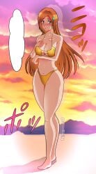 b4__ren beach big_ass big_breasts bikini bleach hips inoue_orihime orange_hair shy