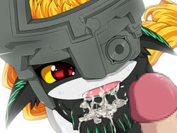 1boy 1girls after_fellatio after_sex amau_(artist) censored cum cum_in_hands cum_in_mouth cum_inside duo female highres imp imp_midna looking_at_penis male midna mosaic_censoring princess red_eyes the_legend_of_zelda twili twilight_princess white_background yellow_sclera