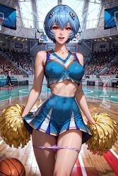 ai_generated blue_hair cheerleader cheerleader_uniform naughtygirlsai neon_genesis_evangelion panties panties_around_leg panties_down red_eyes rei_ayanami short_hair skinny skirt small_breasts