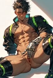 1boy abs ai_generated bottomless cuntboy cybernetic_leg cybernetic_limb cyberpunk cyborg fingering_pussy fingering_self fingers_in_pussy intersex male_only masturbating masturbation muscular muscular_cuntboy public_nudity pussy robotic_legs sweaty sweaty_body tan_skin