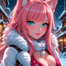 1girls ai_generated big_breasts breasts christmas christmas_outfit curvy female female_focus fox_ears fox_girl fox_tail furry innocent kitsune looking_at_viewer looking_shy melissa_(stblfantasy) original pink_hair seated snow solo stable_diffusion stblfantasy teeth thick_thighs thighs turquoise_eyes winter winter_clothes young_female