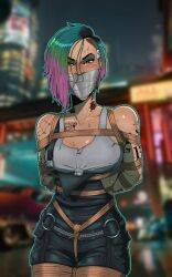 2d 2d_(artwork) bondage bondage bound cd_projekt_red cyberpunk_2077 female female_focus female_only gag human human_only judy_alvarez rope rope_bondage skelebomb solo solo_female solo_focus