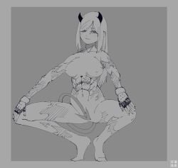 :3 abs ass athletic athletic_female completely_naked completely_nude completely_nude_female demon_girl demon_tail helltaker horn inverted_nipples large_breasts looking_at_viewer muscular muscular_female nipple regetta_blackheart's_(hanz_t) scarred solo_female squatting tail thick_ass thick_thighs wide_hips