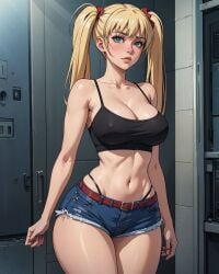 ai_generated airi_akizuki blonde_hair cleavage covered_nipples crop_top denim_shorts godexiamage jean_shorts large_breasts midriff oni_chichi short_shorts shorts thong_straps twintails