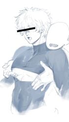 1boy 1other anon blush boob_window bushou censored_eyes from_behind gintama gintoki_sakata groping groping_from_behind keyhole male male_focus monochrome nipple_slip pecs sketch skin_tight solo_focus tight_clothing underpec