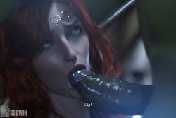 1boy 1boy1girl 1girls 3d alien_male blowjob caption cum cum_in_mouth dripping_cum female gamorrean godwin green_eyes green_skin light_skin long_hair looking_at_another mara_jade mara_jade_skywalker neroxliv penis red_hair star_wars star_wars_legends subtitled tagme tiara veiny_penis