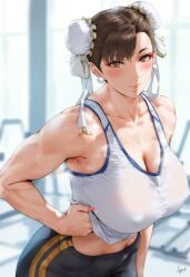 ai_generated chun-li curvy female glossy gym huge_ass huge_breasts mature_female muscular narrow_waist nipples pose sweat tank_top thick_thighs wide_hips yoga_pants