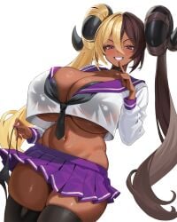 1girls absurdres aife_(zana) aife_(zanamaoria) amesuku_gyaru big_breasts black_thighhighs blonde_hair blush bra_visible_through_clothes breasts brown_hair choker commentary commission curved_horns dark-skinned_female dark_skin english_commentary female female_only finger_to_mouth gal grin gyaru gyaru_gal hair_on_horn hi_res highres horns huge_breasts kogal kuro_gyaru large_breasts long_hair looking_at_viewer multicolored_hair narrowed_eyes original panties panties_removed pink_eyes pink_nails pleated_skirt purple_eyes purple_skirt school_uniform skindentation skirt smile smiling smiling_at_viewer solo stomach succubus teeth_showing thick_thighs thighhighs two-tone_hair two_tone_hair underwear unworn_panties white_background yan.c