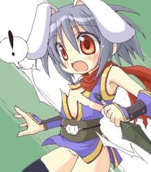 ! 2000s_(style) animal_ears black_sash black_thighhighs blue_dress blush brown_sash commentary_request cowboy_shot dagger dress female green_background grey_hair holding holding_dagger holding_knife holding_weapon knife kunai lowres ninja ninja_(ragnarok_online) nipples no_panties obi obijime oekaki open_mouth orange_eyes pussy rabbit_ears ragnarok_online red_scarf reverse_grip sash scarf shirokuro_(lapinnoir) short_dress short_hair sleeveless sleeveless_dress solo spoken_exclamation_mark thighhighs torn_clothes torn_dress torn_scarf uncensored vambraces weapon