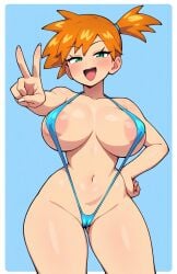 :d ai_generated aqua_eyes areola_slip areolae asymmetrical_hair bangs bare_shoulders bikini blue_swimsuit blush breasts cameltoe clavicle cleavage clothing covered_erect_nipples curvaceous erect_nipples female female_only fingernails green_eyes gym_leader hand_on_hip huge_breasts kasumi_(pokemon) large_breasts looking_at_viewer micro_bikini navel nipples one-piece_swimsuit open-mouth_smile open_mouth orange_hair pokemon pokemon_(anime) pokemon_(classic_anime) pokemon_(game) pokemon_character ponytail shiny_skin short_hair side_ponytail sling_swimsuit smile solo standing swimsuit thick_thighs thighs tied_hair v wardrobe_malfunction wide_hips