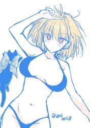 2girls ahoge arcueid_brunestud big_breasts bikini bikini_bottom bikini_top black_swimsuit blonde_hair cat_ears feline huge_breasts large_breasts len_(tsukihime) looking_at_viewer melty_blood red_eyes resting swimsuit tsukihime tummy type-moon ventvert0