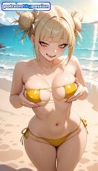 1girls 2026 ai_assisted ai_generated anime bangs beach bikini blunt_bangs boku_no_hero_academia boobs breasts bust double_bun fangs grabbing_own_breast hi_res high_quality high_resolution highres himiko_toga my_hero_academia navel outdoors patreon patreon_username sand shore side-tie_bikini skypassion solo stable_diffusion swimsuit tits toga_himiko water watermark waves yellow_bikini yellow_eyes