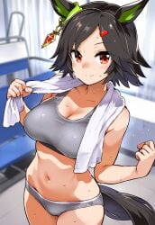 ai_generated animal_ears black_hair female horse_girl red_eyes small_panties sweat training_bra training_room umamusume umamusume_pretty_derby winning_ticket_(umamusume)