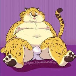 1:1 2025 anthro belly benjamin_clawhauser big_belly blush bulge cheetah clothing disney felid feline hi_res male male_only mammal moobs navel nipples overweight overweight_male sitting solo spacepanda tongue tongue_out underwear zootopia