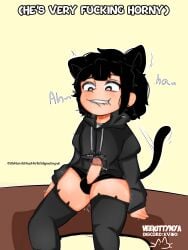 after_orgasm balls_in_panties biting_lip black_hair black_panties cat_ears cat_tail cat_thighhighs catboy desperate_for_sex dick_out_of_underwear drooling drooling_pre fangs femboy grinding hard_cock heart_symbol hoodie_only horny horny_male long_socks male_only oc original_character precum precum_drip smile still_erect submissive submissive_male thick_ass thick_thighs throbbing_penis tremble_lines trembling_for_pleasure trembling_penis veekee_(veekittynya) veekittynya