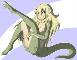 anthro armadillo blonde_hair blue_eyes breasts dahlia_(chimangetsu) female hair long_hair mirapony nipples nude one_leg_up pussy raised_leg scales sitting solo tail tongue