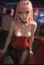 ai_generated bar bracelets breasts breasts_out club darling_in_the_franxx dress_down female_focus green_eyes_female horn_hairband jewelry long_hair_female looking_at_viewer nes-ai-extravaganza nipples pantyhose pink_hair_female wristwear zero_two_(darling_in_the_franxx)