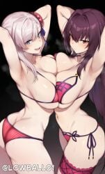 armpits arms_up ass ass ass_focus bikini blue_eyes butt_crack fate/grand_order fate_(series) heavy_breathing hip_focus huge_ass huge_breasts large_ass large_breasts miyamoto_musashi_(fate) miyamoto_musashi_(swimsuit_berserker) navel pink_hair purple_hair red_eyes scathach_(fate) scathach_(swimsuit_assassin) side-tie_bikini sideboob smile sweat sweatdrop swimsuit thigh_strap