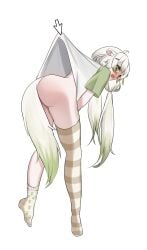 1girls ahoge animal_ears ass ass_focus back_view blush bottomless carried covering_crotch embarrassed female ferret ferret_girl green_eyes green_highlights hairband held_up hiyori_kanna indie_virtual_youtuber laimu looking_at_viewer meta mismatched_legwear mouse_(computer) off_shoulder open_mouth pulling_clothing raised_eyebrows shirt shirt_lift shirt_only shirt_pull simple_background solo t-shirt_only tail thick_thighs thigh_strap thighhighs thighs twintails virtual_youtuber vtuber white_hair white_t-shirt