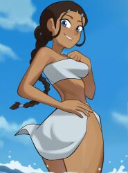 avatar_the_last_airbender blue_eyes blue_sky braid breasts brown_hair clothes_lift cloud commentary cumulonimbus_cloud dark-skinned_female dark_skin english_commentary female female_focus female_only from_behind highres katara long_hair looking_at_viewer medium_breasts newguy1091 official_alternate_costume outdoors shiny_skin sky smile solo solo_female solo_focus standing strapless strapless_bikini swimsuit swimsuit_skirt water