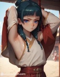 1boy 1girls ai_generated armpits breasts clothed_female clothed_male clothed_sex female green_hair japanese_clothes kusuriya_no_hitorigoto maomao_(kusuriya_no_hitorigoto) open_clothes spread_arms sultralis sweat sweaty_armpits tagme